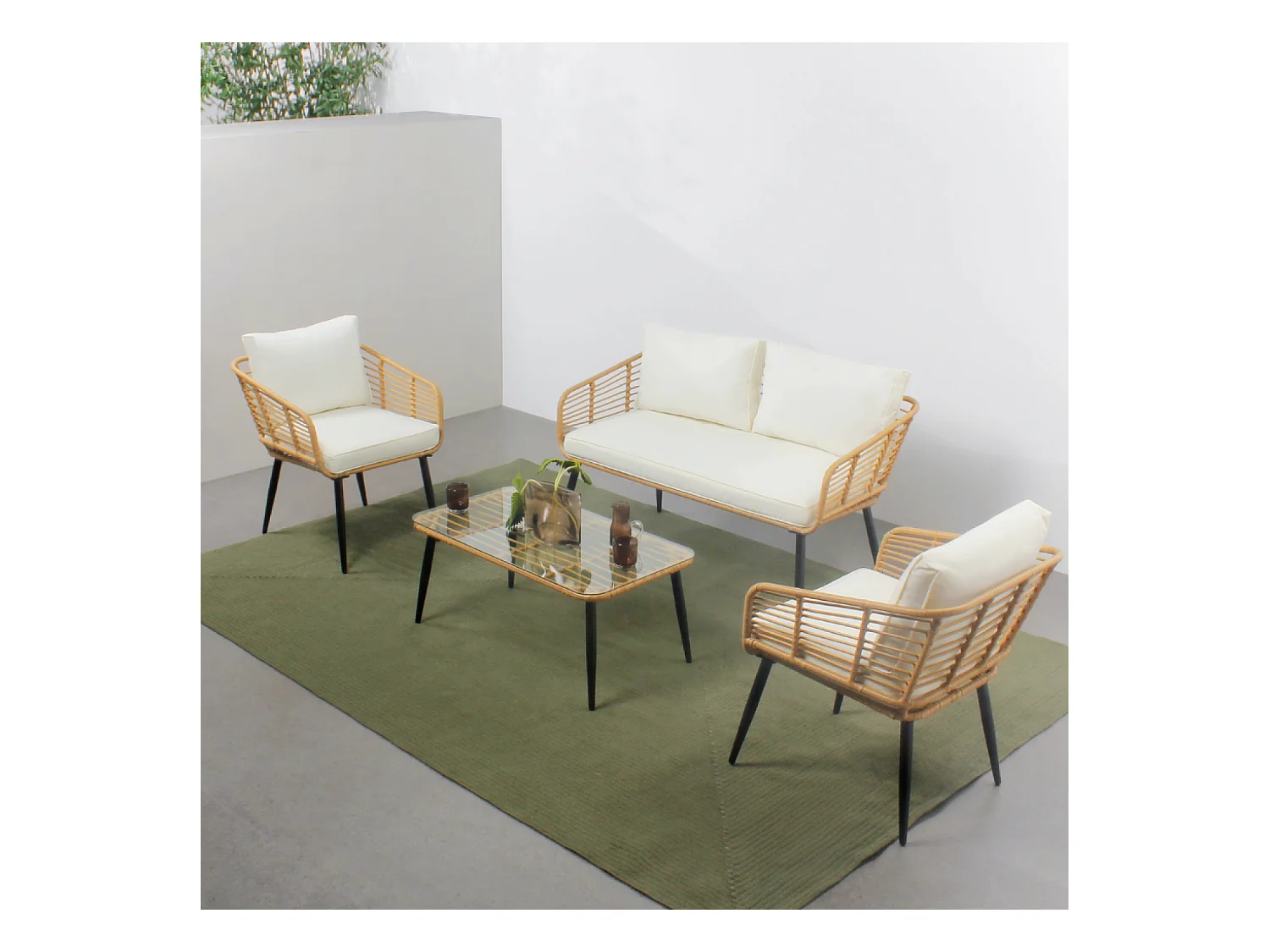 Salon de jardin 4 places canapé et chaises effet rotin avec coussins conforts SITIA