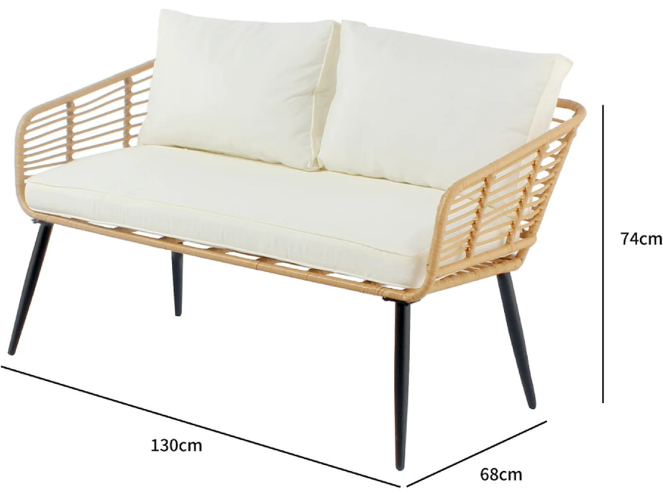 Salon de jardin 4 places canapé et chaises effet rotin avec coussins conforts SITIA