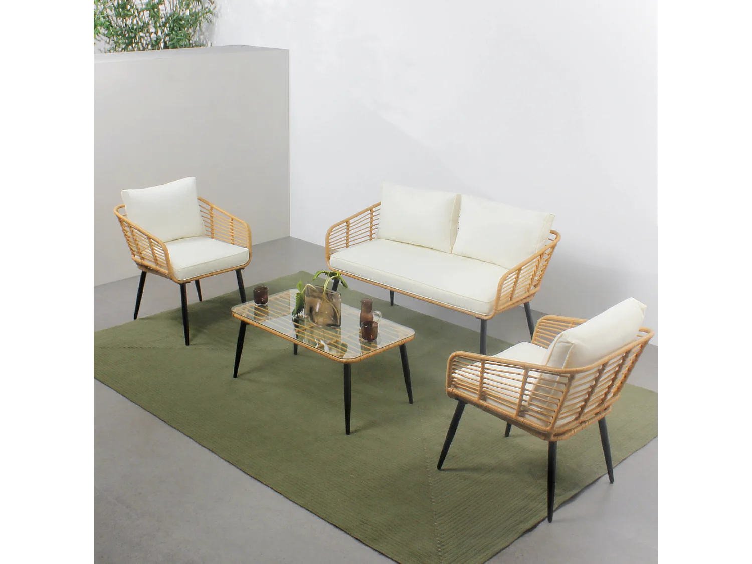 Loungeset 4 Plaatsen Natuurlijk Rotan en Buffet Eiken Licht