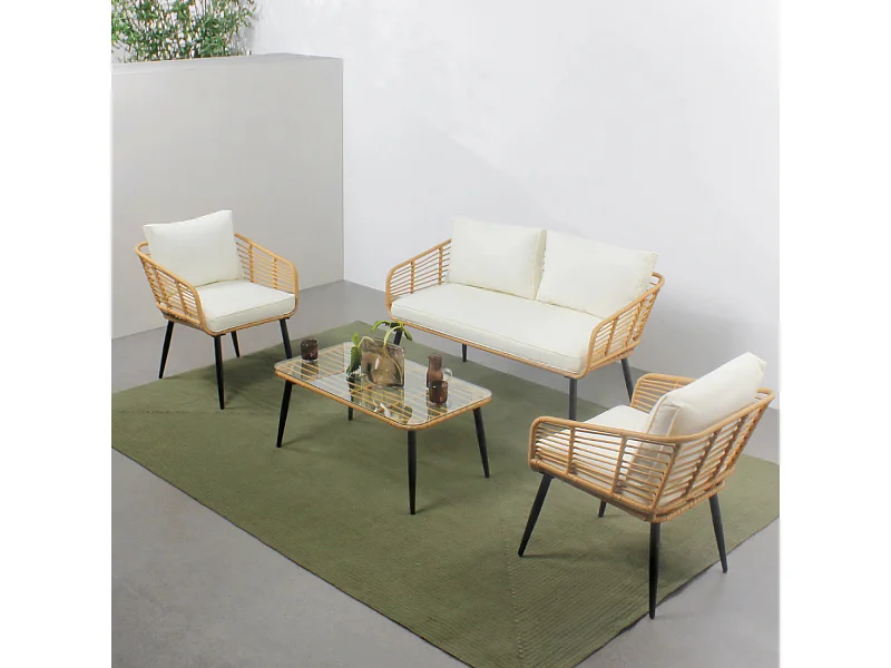 Salon de jardin 4 places canapé et chaises effet rotin avec coussins conforts SITIA