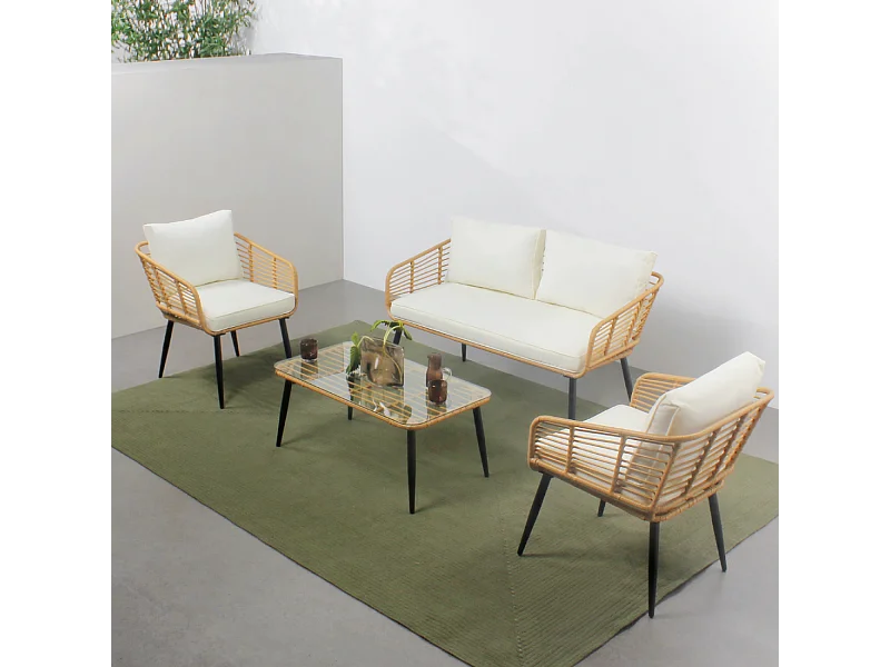 Set di mobili da giardino a 4 posti con divano e sedie in rattan e cuscini comfort  SITIA