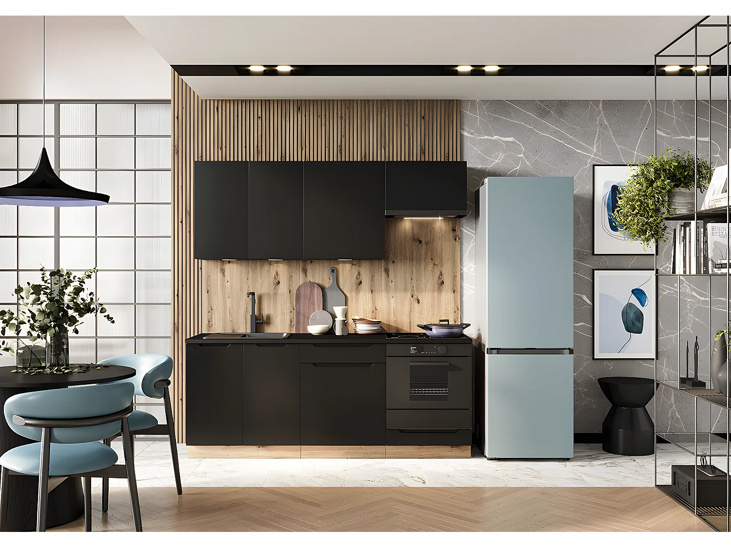 Cuisine complète ISYA 6 éléments couleur Noir/Chêne Artisan - Longueur 200/200 cm