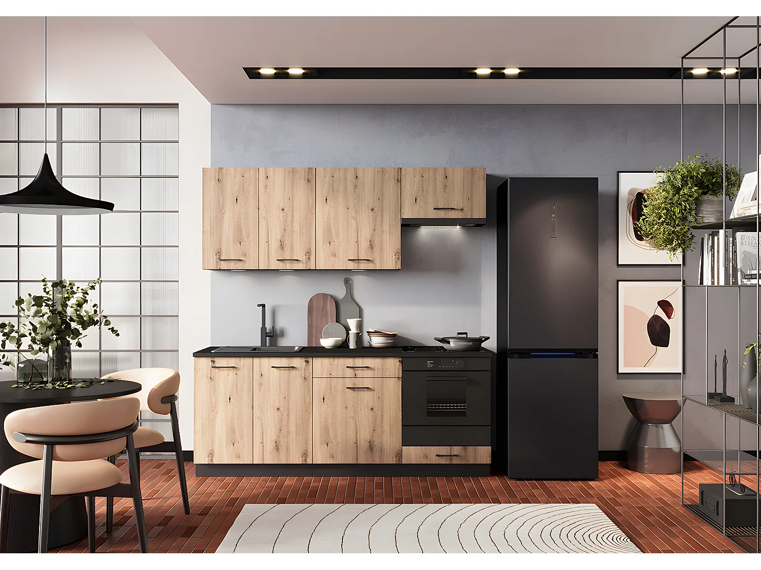 Cuisine complète ANIA 6 éléments couleur Chêne Artisan, graphite - Longueur 200/200 cm