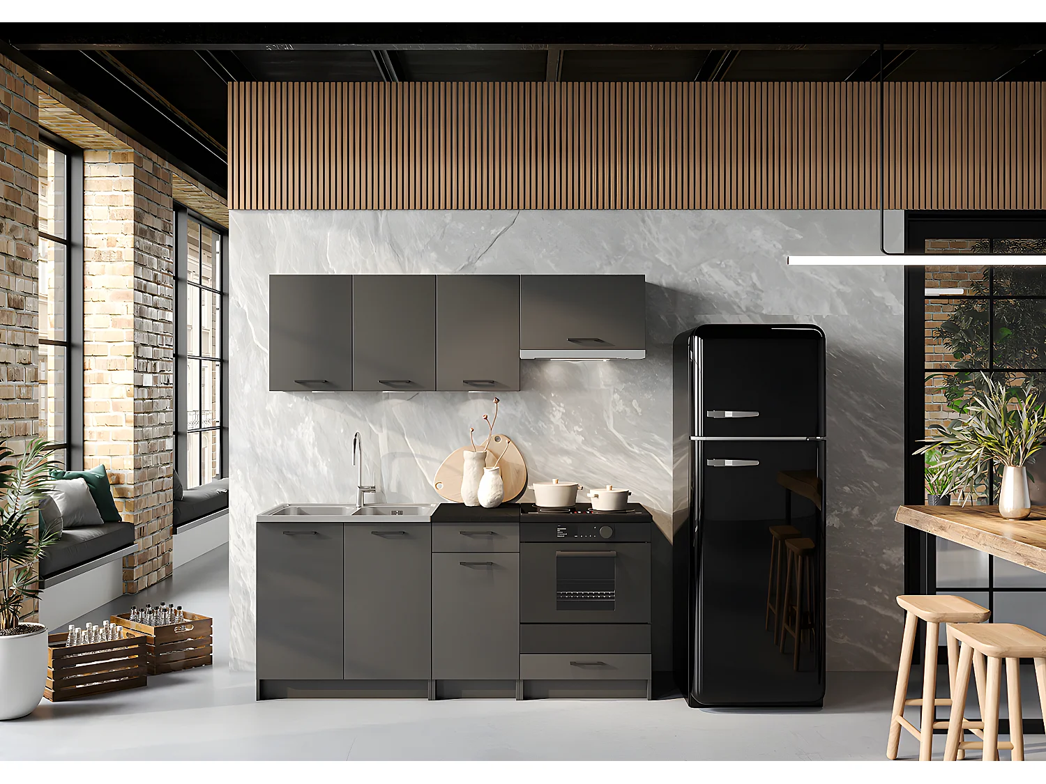 Cuisine complète LUNA 6 éléments couleur Graphite avec plan de travail inclus- Longueur 180 cm