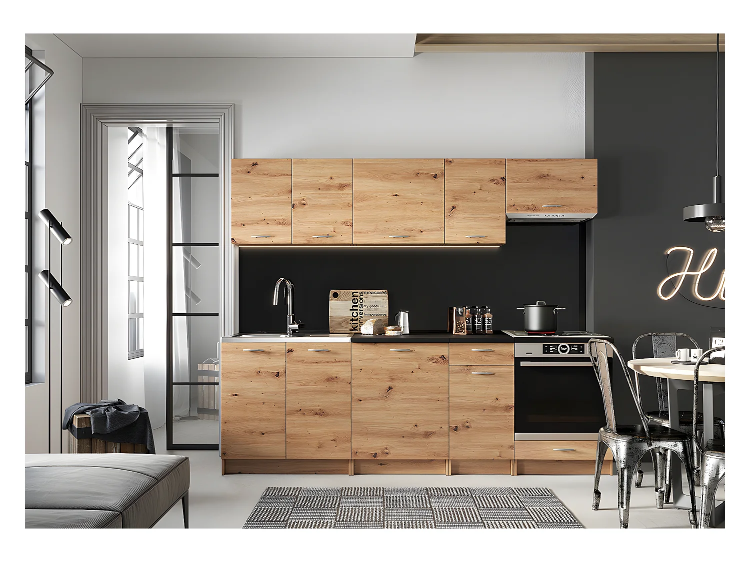 Cuisine complète MILA 8 éléments couleur chêne Artisan avec plan de travail inclus - Longueur 240 cm