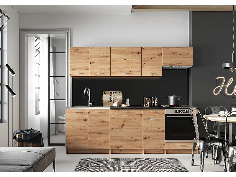 Cuisine complète MILA 8 éléments couleur chêne Artisan avec plan de travail inclus - Longueur 240 cm