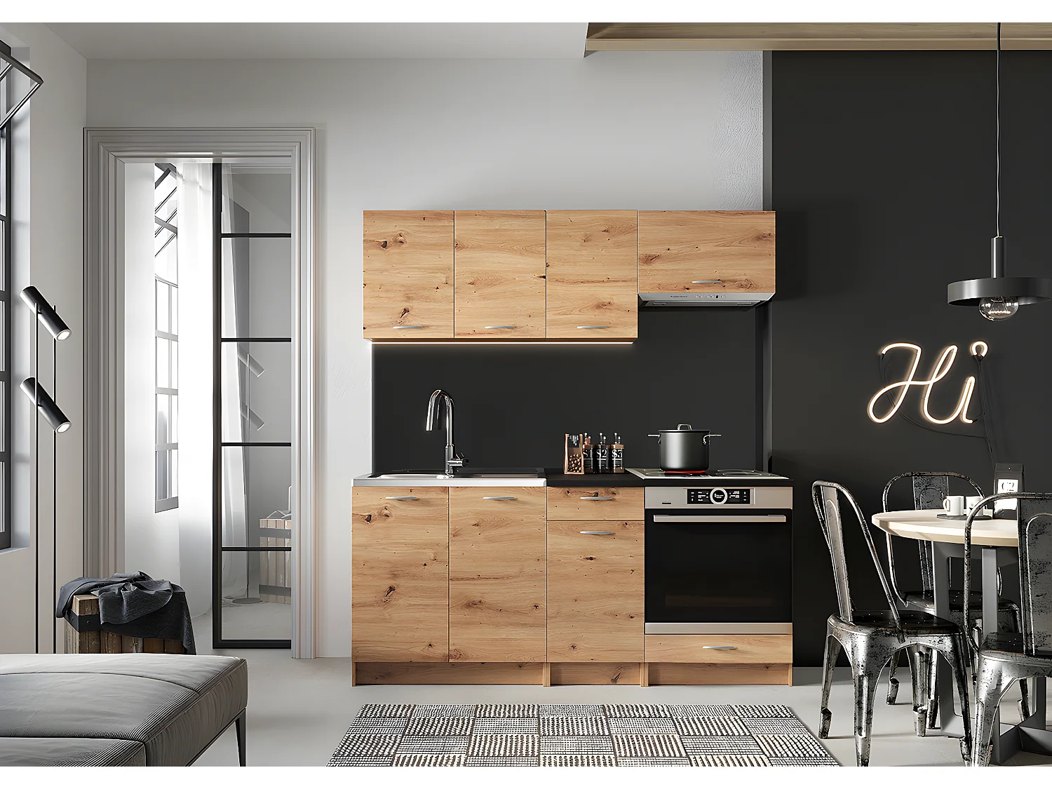 Cuisine complète MILA 6 éléments couleur chêne Artisan avec plan de travail inclus -Longueur 180 cm