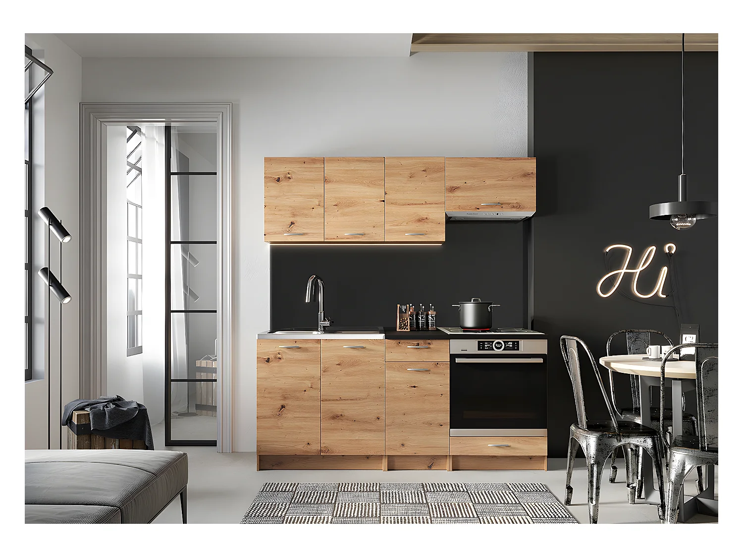Cuisine complète MILA 6 éléments couleur chêne Artisan avec plan de travail inclus -Longueur 180 cm