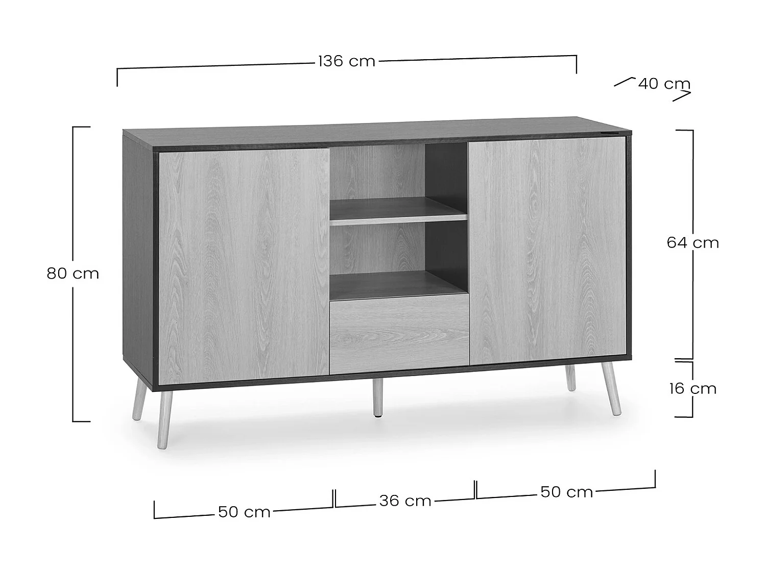 Sideboard Apolo 2 Türen 1 Schublade, Schwarz/Holzfarbe