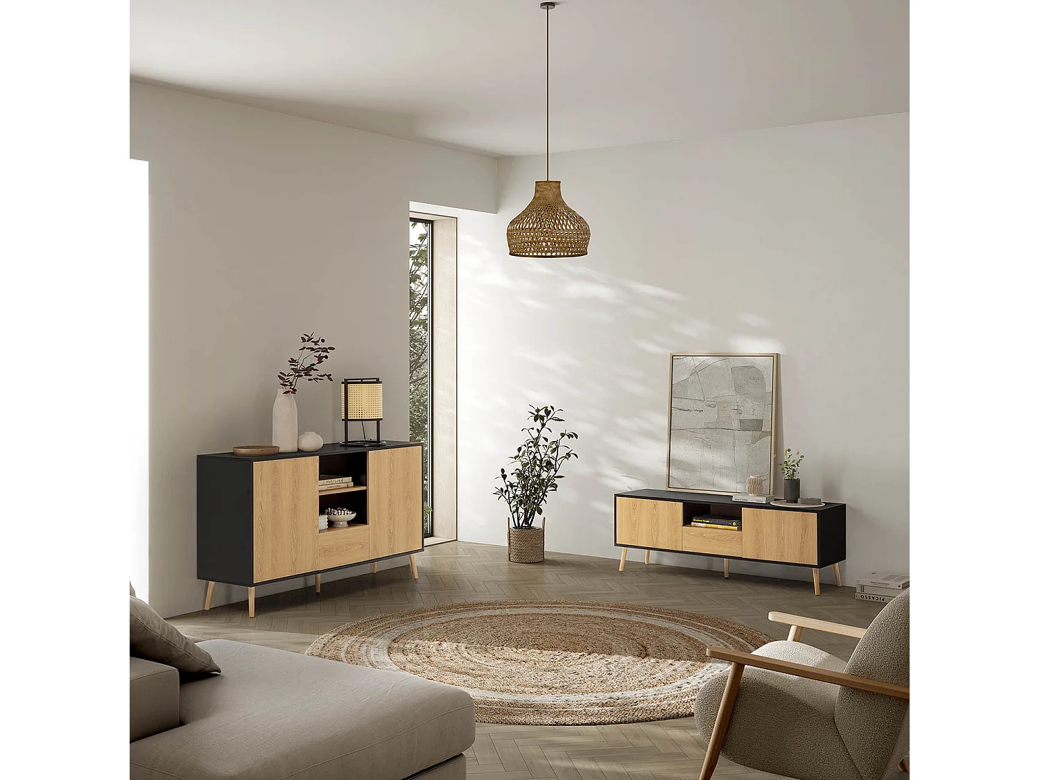 Sideboard Apolo 2 Türen 1 Schublade, Schwarz/Holzfarbe