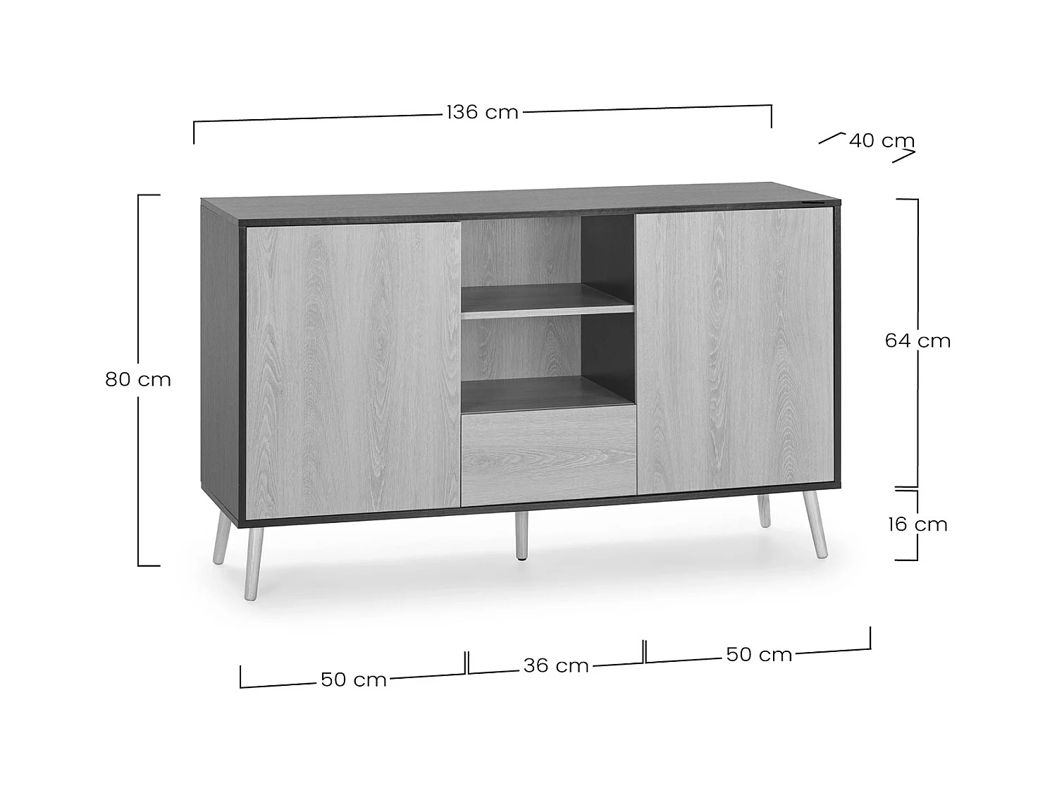 Buffet Apolo 2 portes 1 tiroir, coloris noir/bois