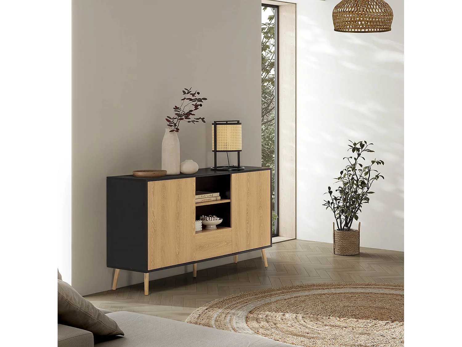 Buffet Apolo 2 portes 1 tiroir, coloris noir/bois