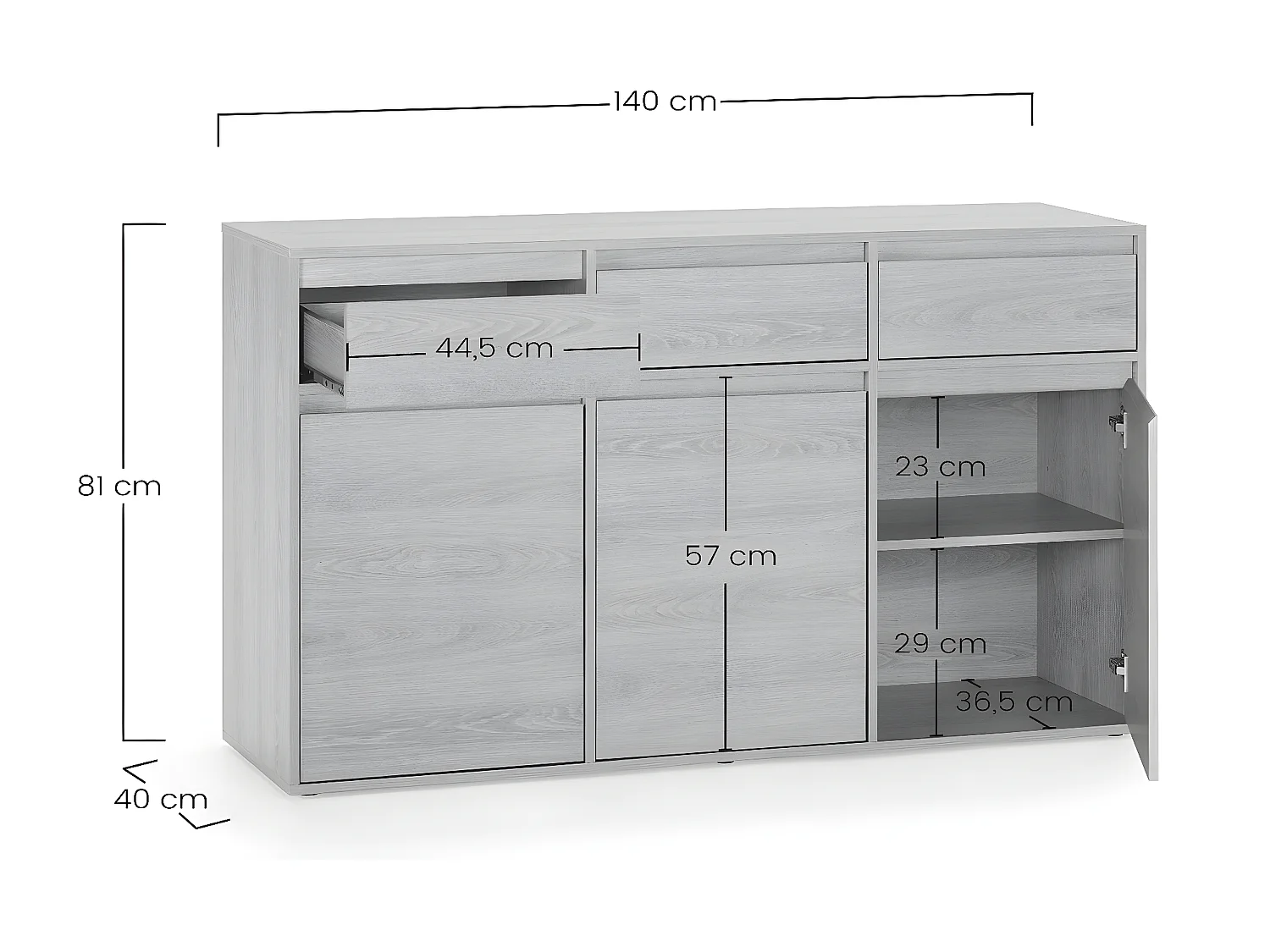Buffet Tori 3 portes 3 tiroirs, coloris chêne, 140 cm