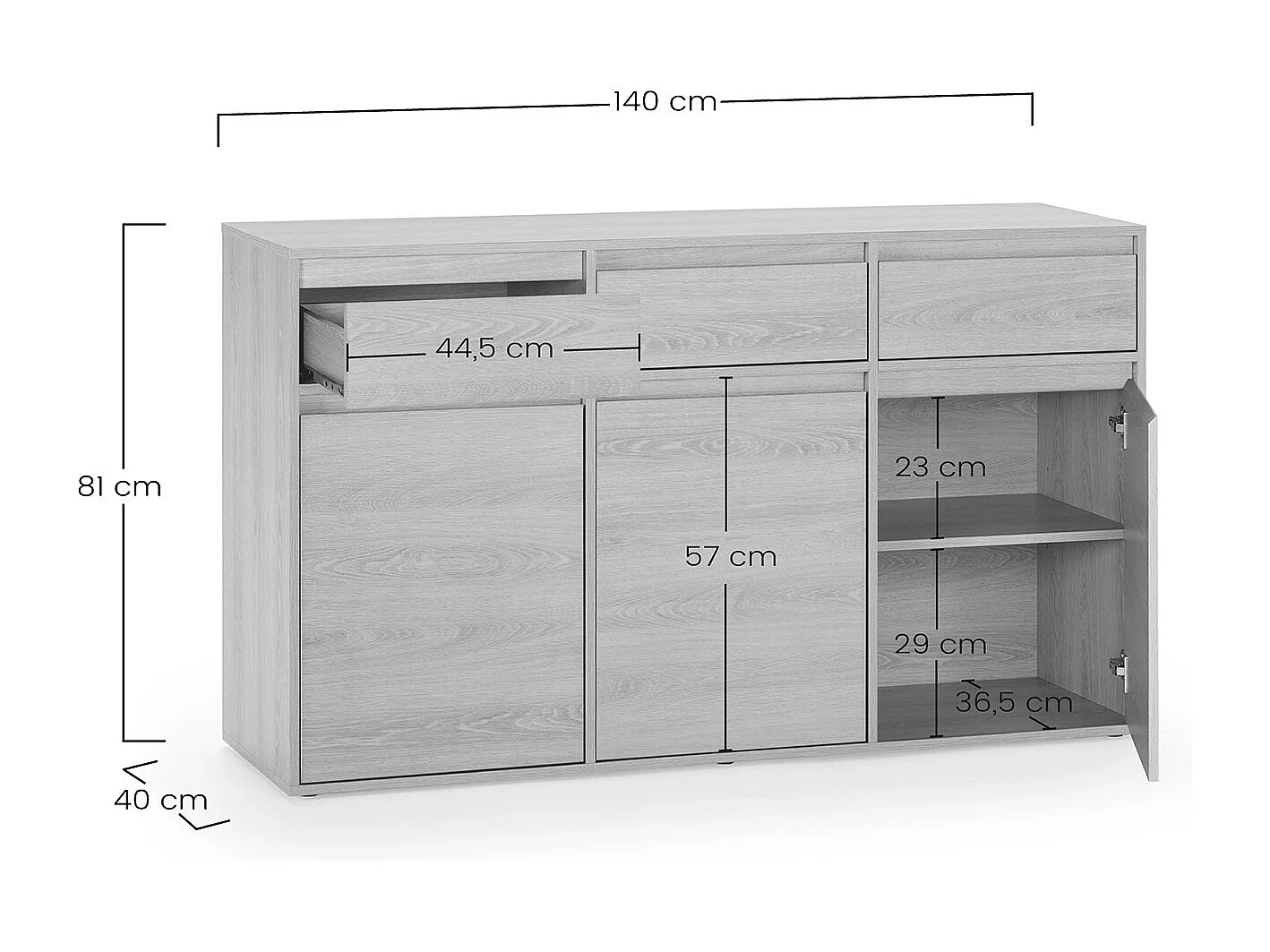 Buffet Tori 3 portes 3 tiroirs, coloris chêne, 140 cm