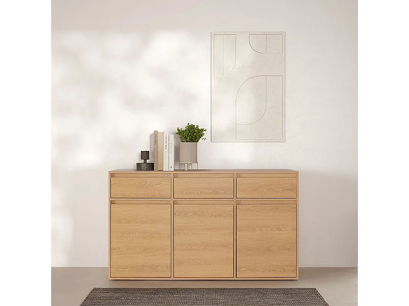 Bufet kolumnowy Tori 3 drzwi 3 szuflady, kolor dębowy, 140 cm.