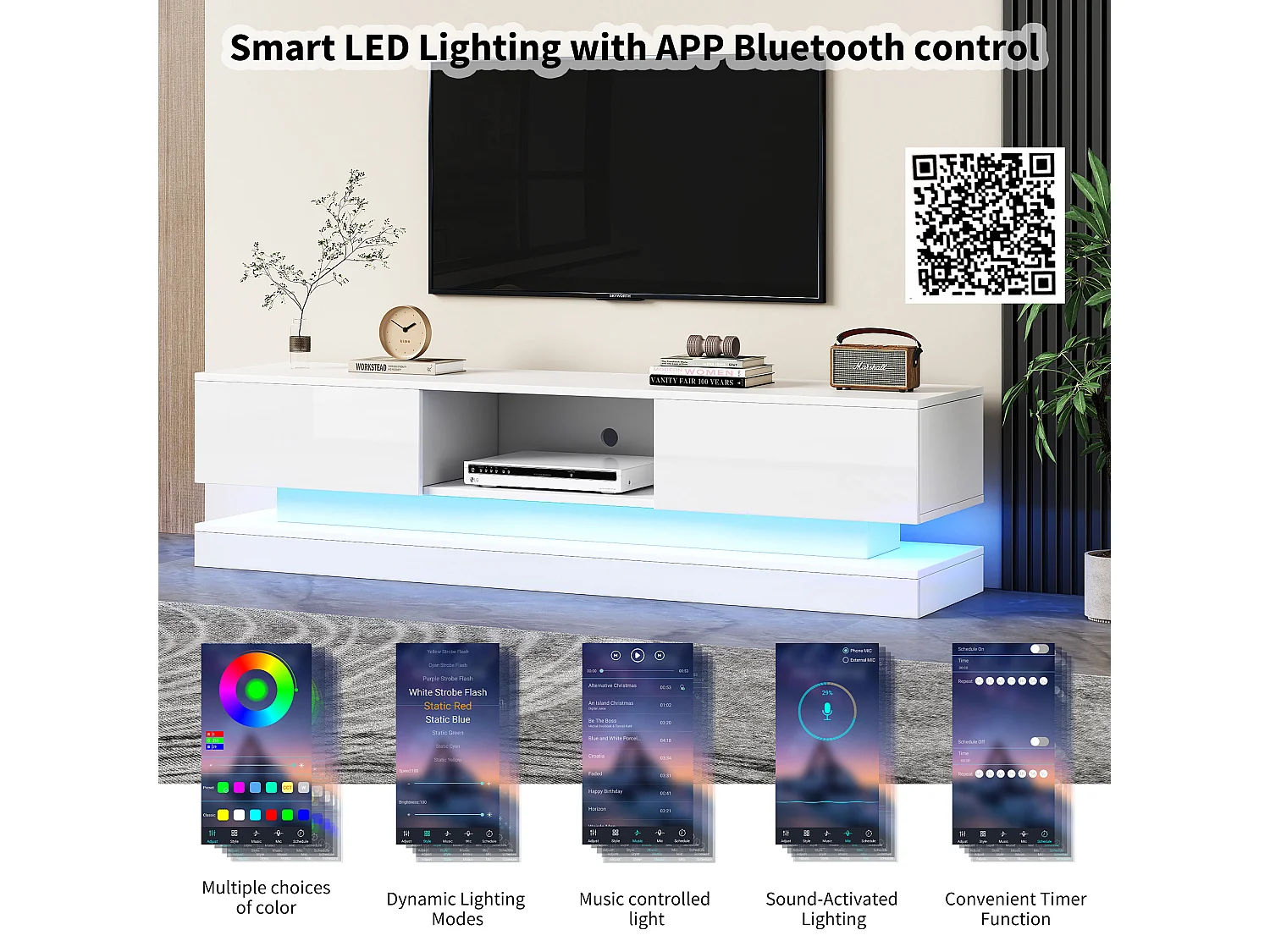 Móvel TV com LED 160cm - 2 gavetas e 1 compartimento aberto - adequado para TV 60" - Branco