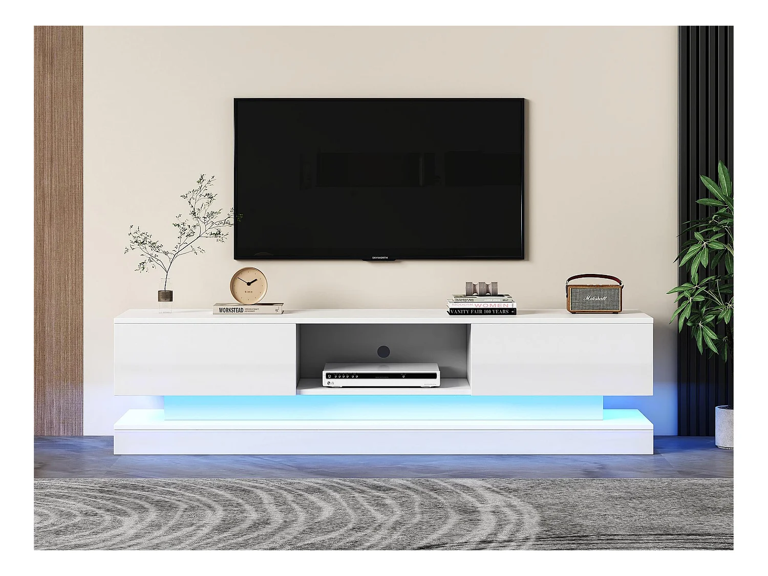 Meuble TV avec LED 160cm - 2 tiroirs et 1 compartiment ouvert - adapté pour TV 60" - Blanc