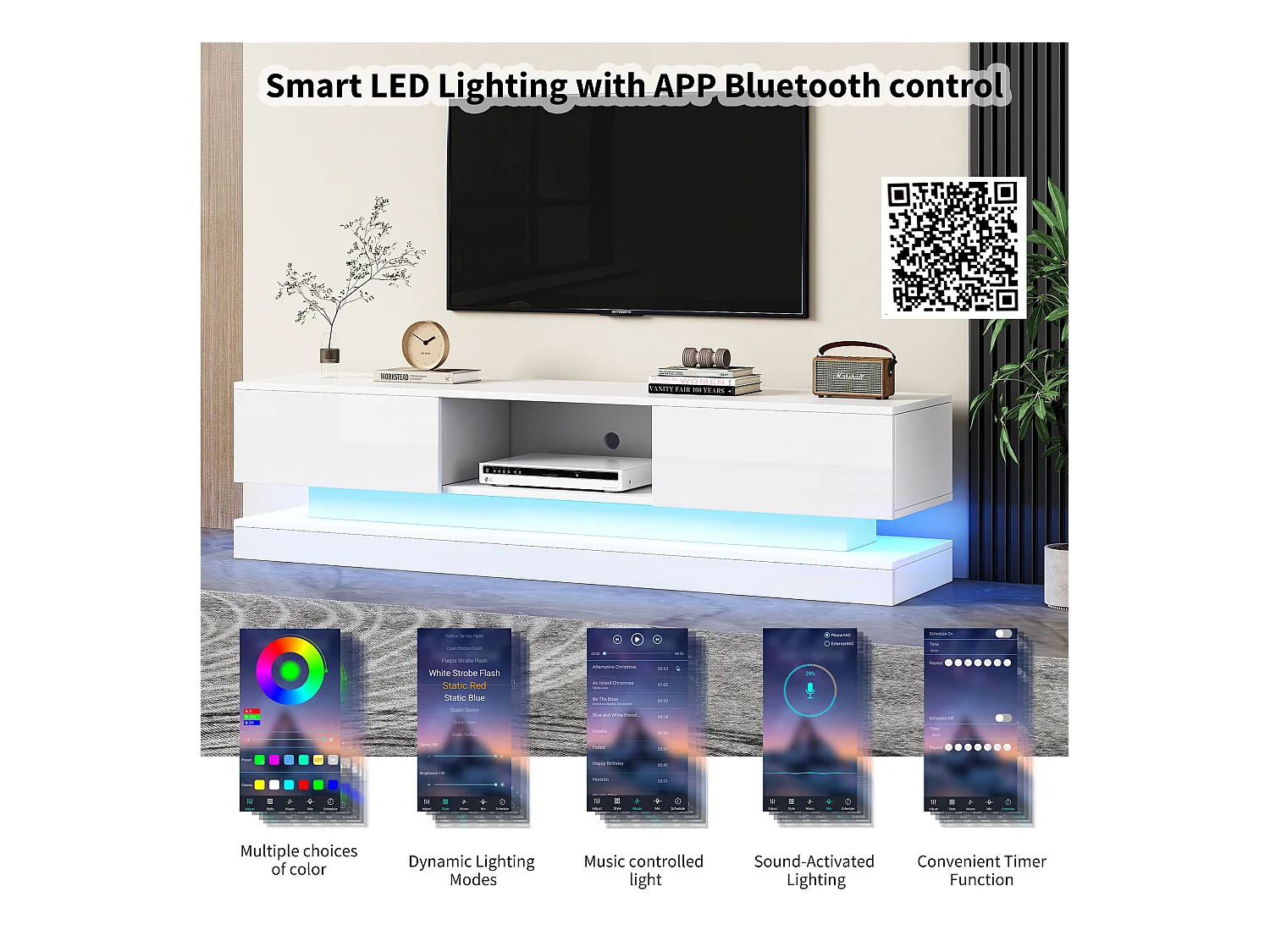 Meuble TV avec LED 160cm - 2 tiroirs et 1 compartiment ouvert - adapté pour TV 60" - Blanc