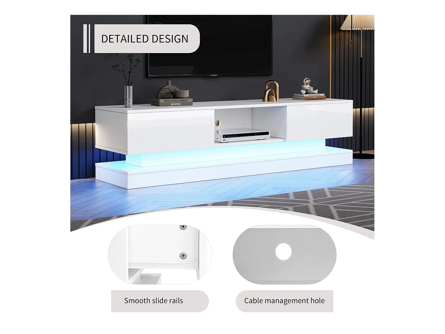 Meuble TV avec LED 160cm - 2 tiroirs et 1 compartiment ouvert - adapté pour TV 60" - Blanc