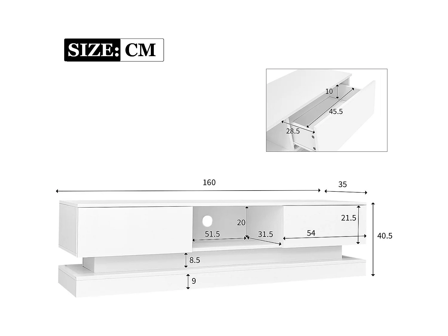 Meuble TV avec LED 160cm - 2 tiroirs et 1 compartiment ouvert - adapté pour TV 60" - Blanc