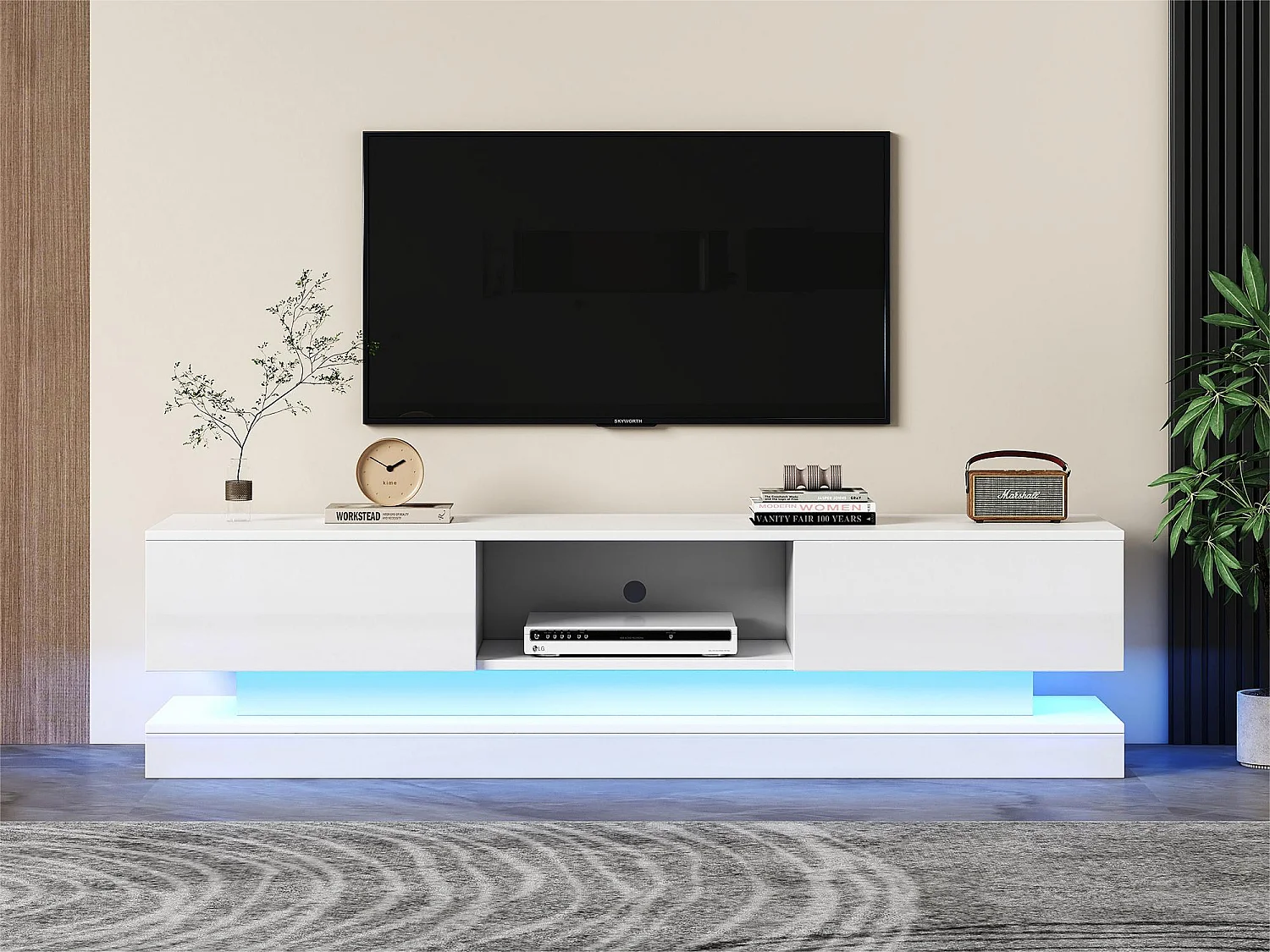Meuble TV avec LED 160cm - 2 tiroirs et 1 compartiment ouvert - adapté pour TV 60" - Blanc