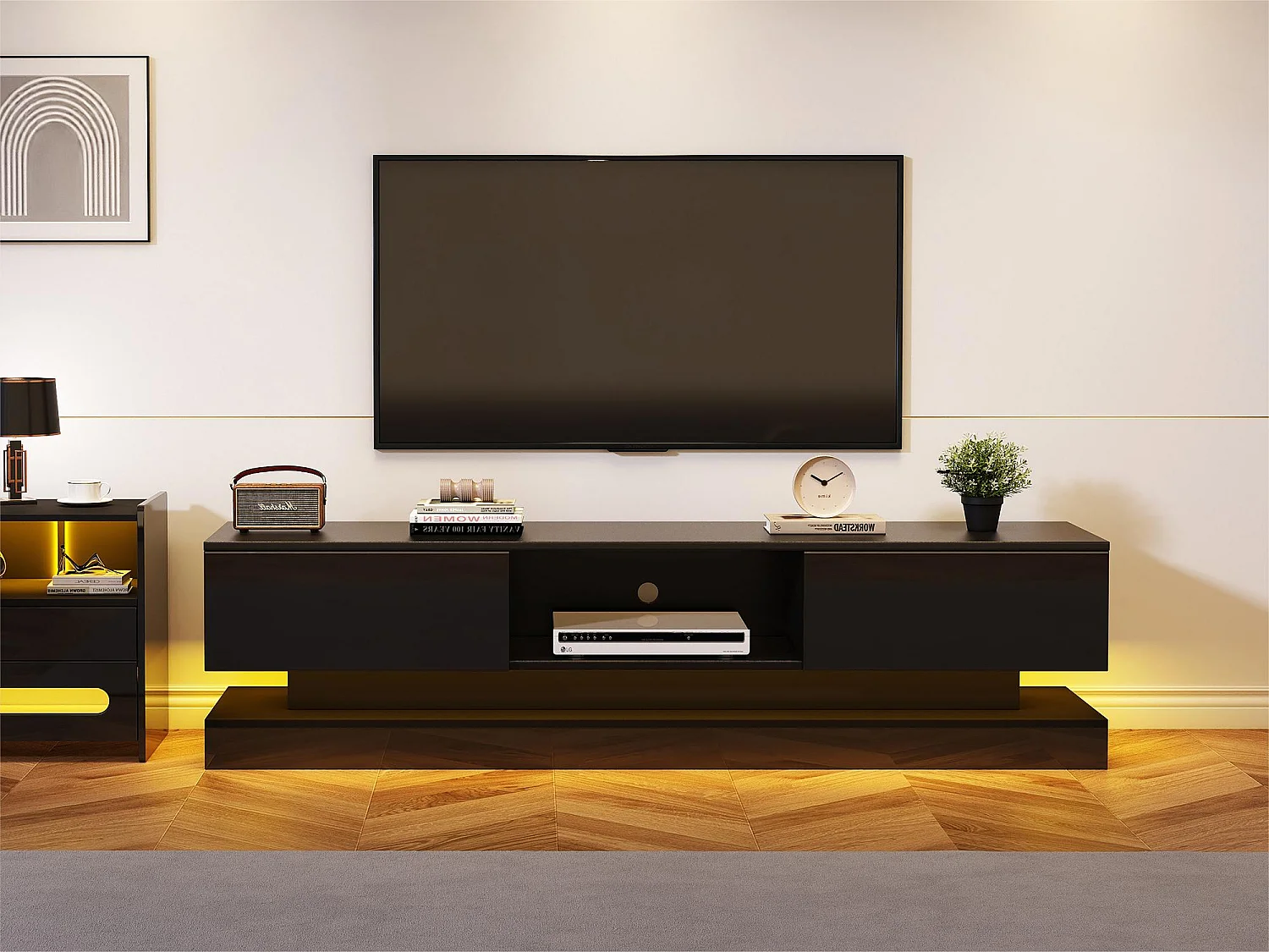 Móvel TV com LED 160cm - 2 gavetas e 1 compartimento aberto - adequado para TV 60" - Preto