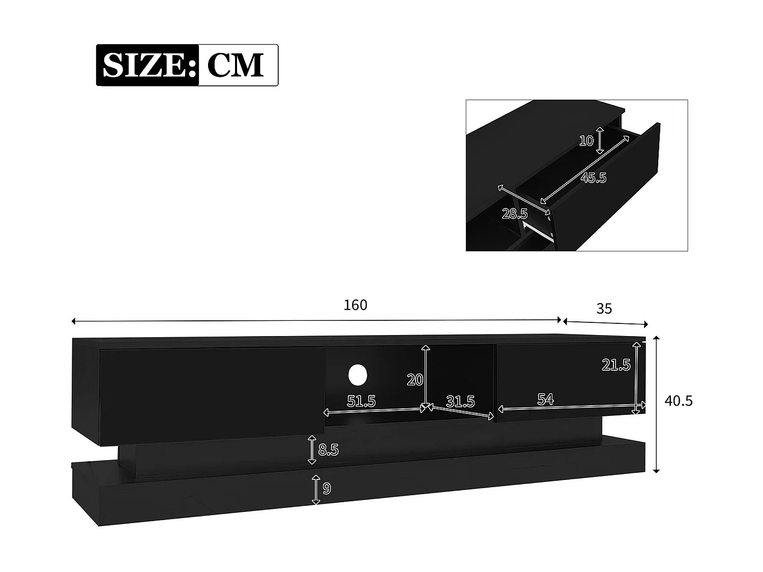 Móvel TV com LED 160cm - 2 gavetas e 1 compartimento aberto - adequado para TV 60" - Preto