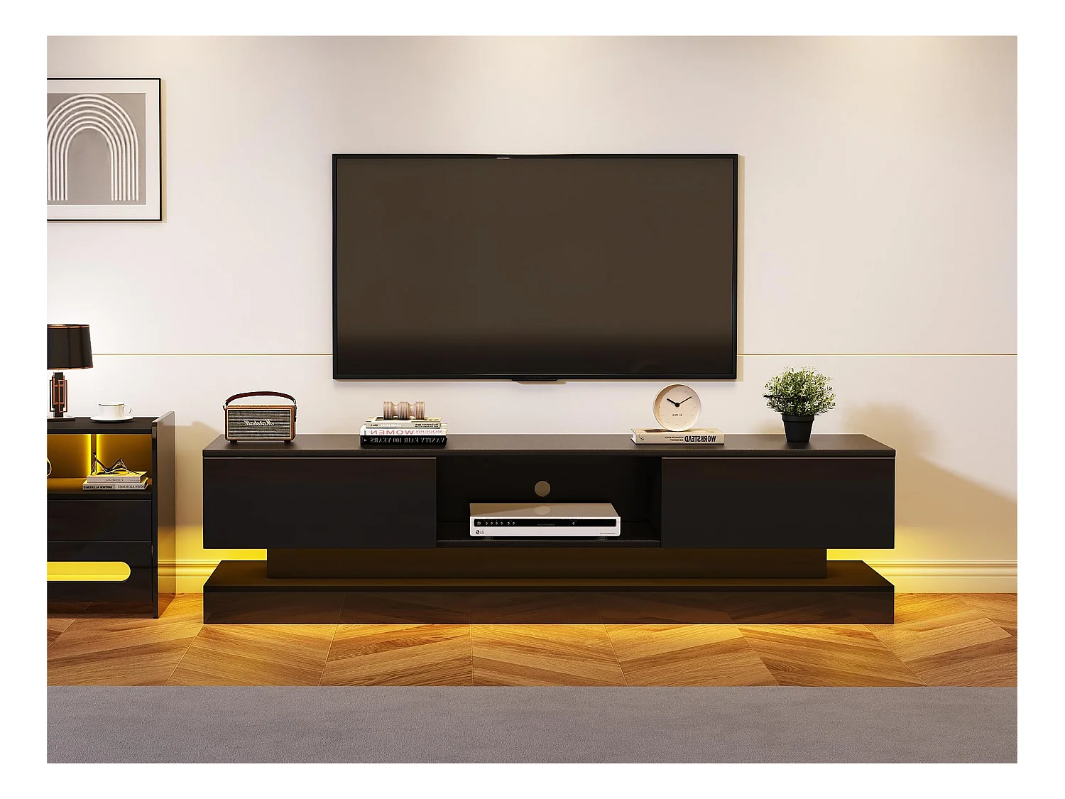 Meuble TV avec LED 160cm - 2 tiroirs et 1 compartiment ouvert - adapté pour TV 60" - Noir