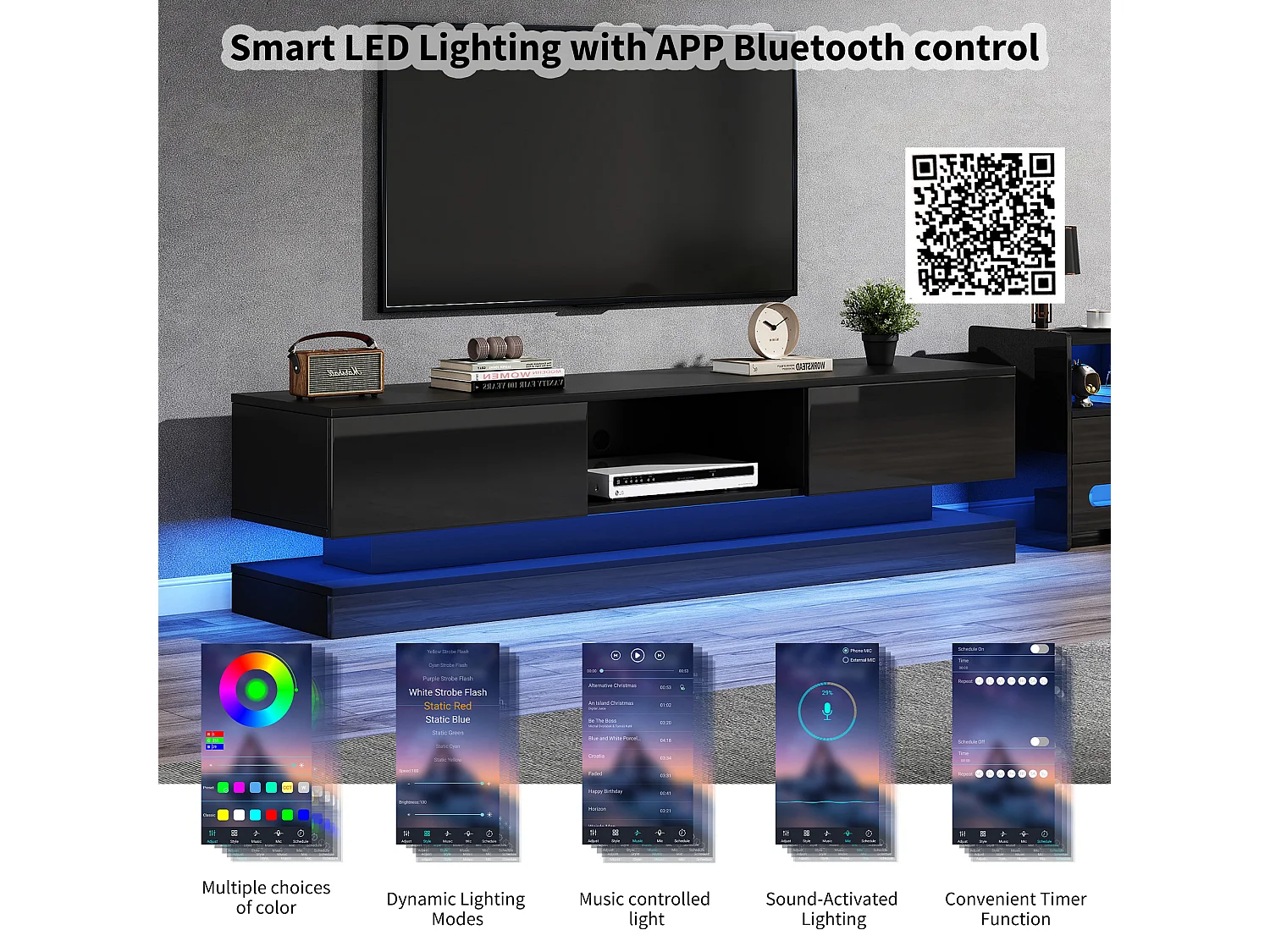 Meuble TV avec LED 160cm - 2 tiroirs et 1 compartiment ouvert - adapté pour TV 60" - Noir