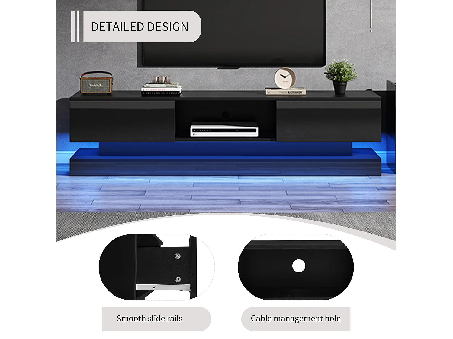 Meuble TV avec LED 160cm - 2 tiroirs et 1 compartiment ouvert - adapté pour TV 60" - Noir