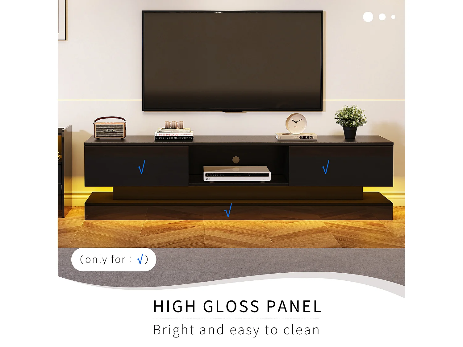 Meuble TV avec LED 160cm - 2 tiroirs et 1 compartiment ouvert - adapté pour TV 60" - Noir