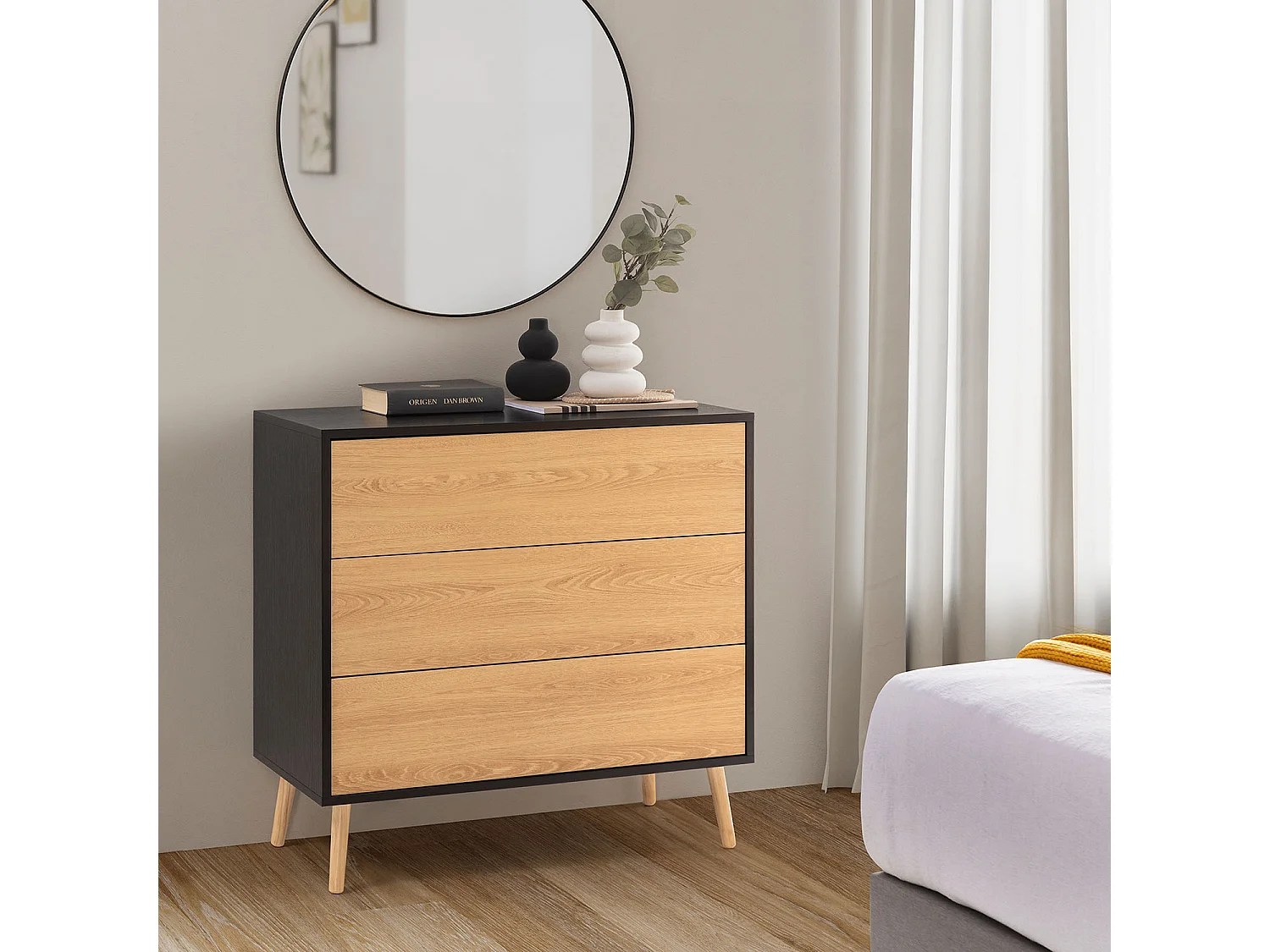 Cômoda Apolo 3 gavetas Cor Preto/Madeira