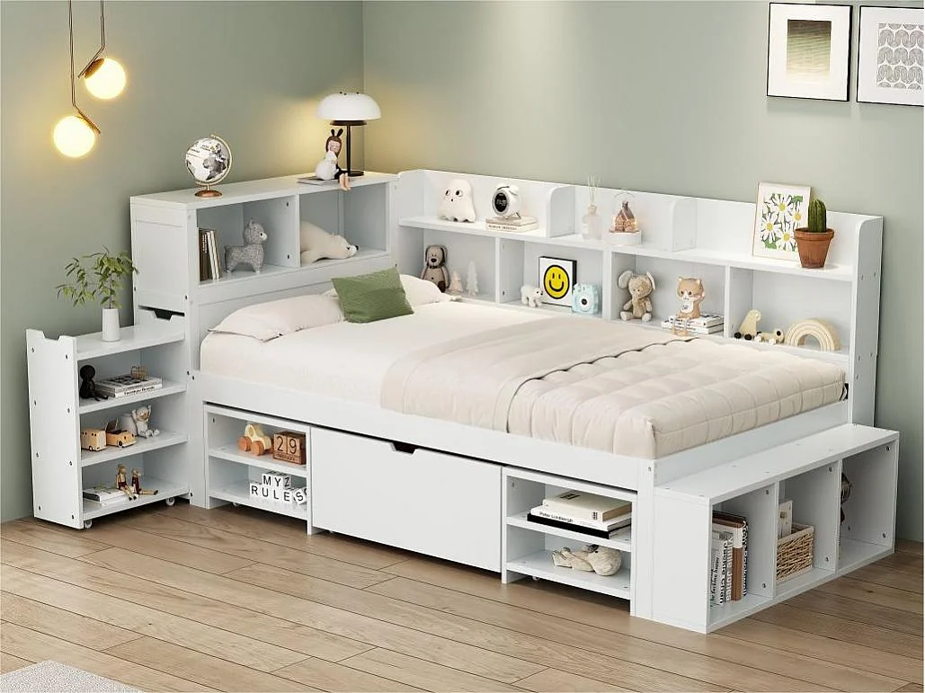 MDF-bed van 90x200 cm - met multifunctionele opbergruimte en een kleine uitneembare boekenkast - met lattenbodem - Wit