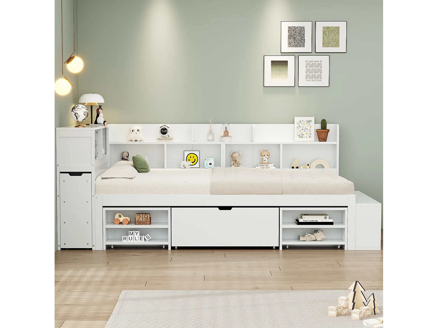 MDF-bed van 90x200 cm - met multifunctionele opbergruimte en een kleine uitneembare boekenkast - met lattenbodem - Wit