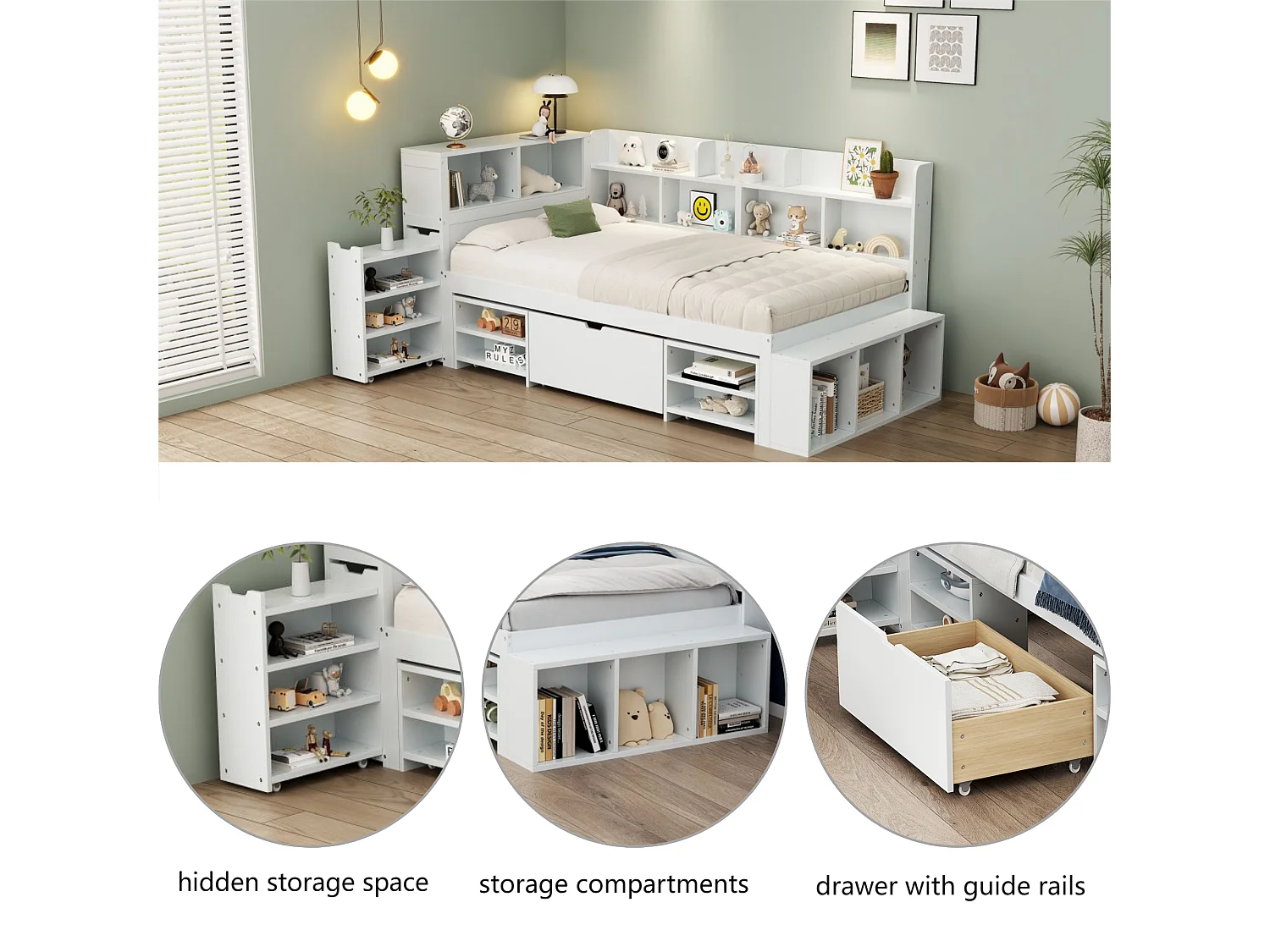 MDF-bed van 90x200 cm - met multifunctionele opbergruimte en een kleine uitneembare boekenkast - met lattenbodem - Wit