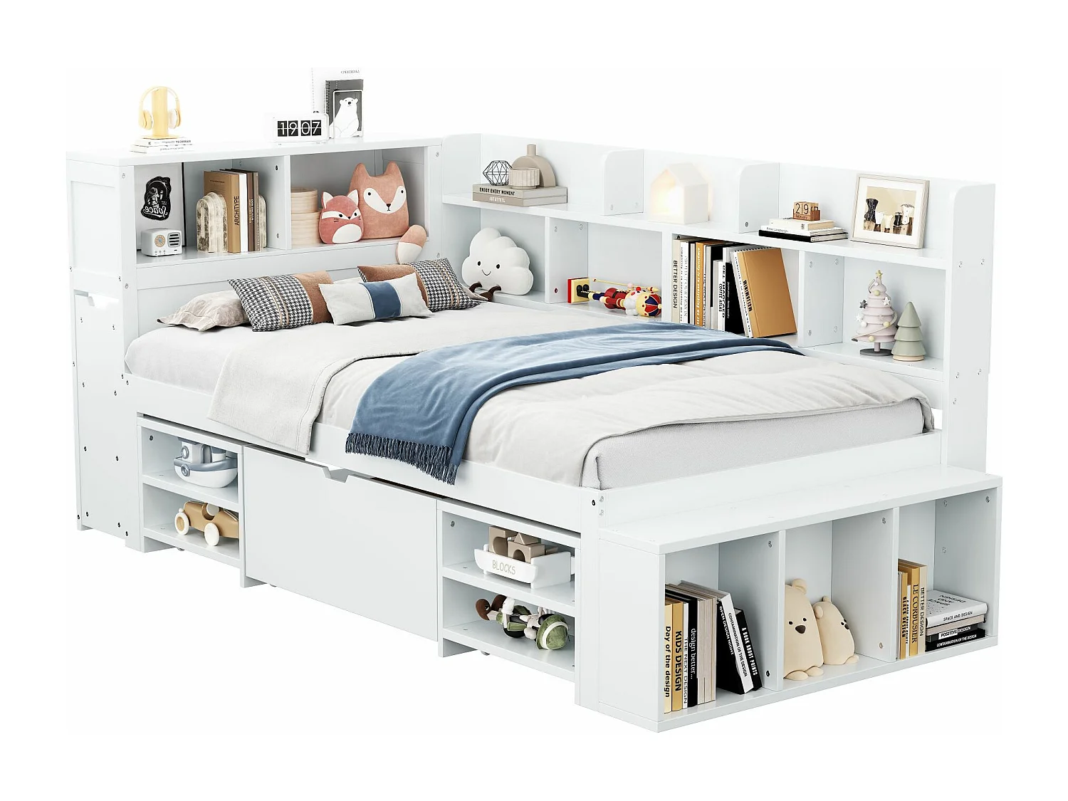 MDF-bed van 90x200 cm - met multifunctionele opbergruimte en een kleine uitneembare boekenkast - met lattenbodem - Wit