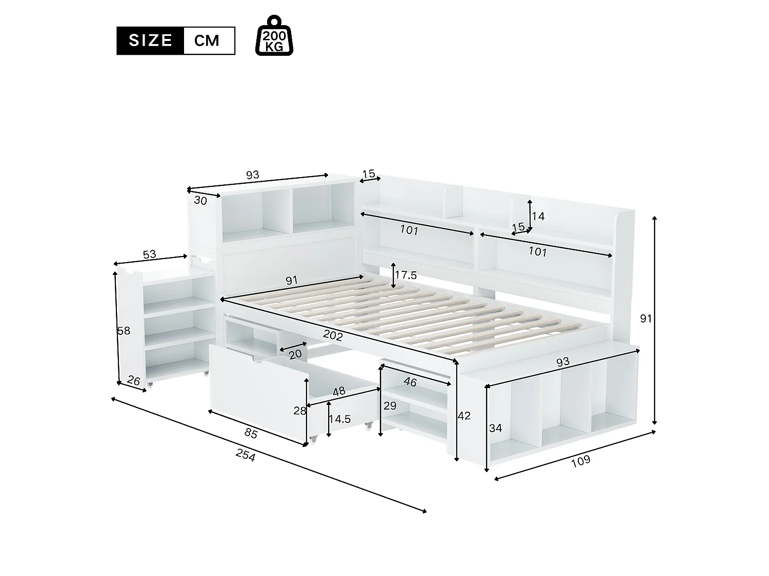 MDF-bed van 90x200 cm - met multifunctionele opbergruimte en een kleine uitneembare boekenkast - met lattenbodem - Wit