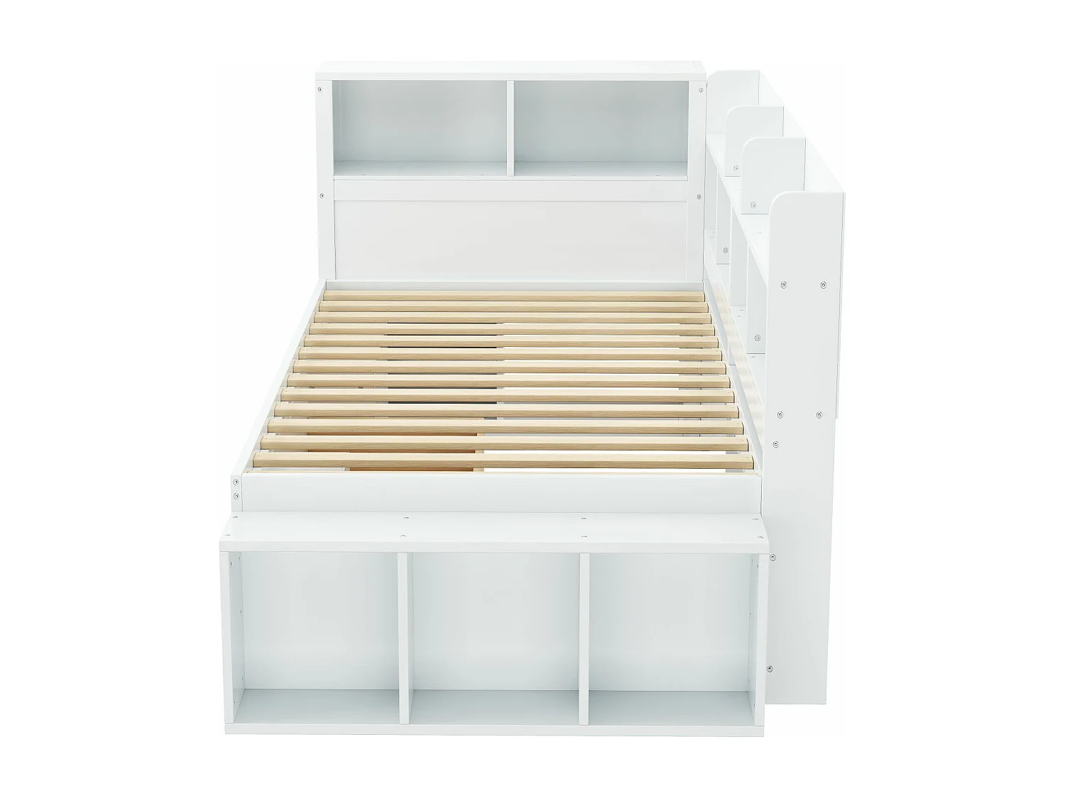 MDF-bed van 90x200 cm - met multifunctionele opbergruimte en een kleine uitneembare boekenkast - met lattenbodem - Wit