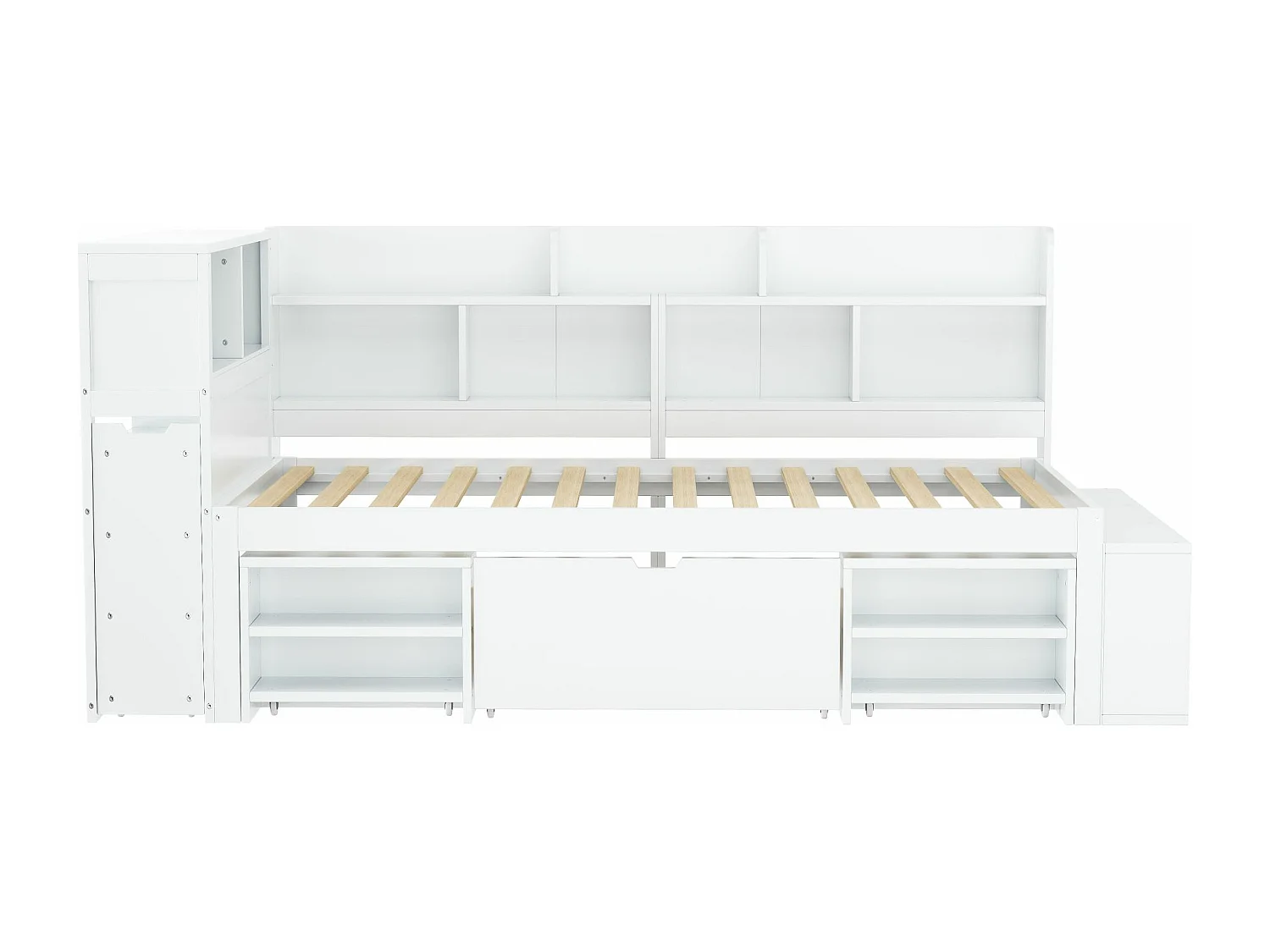 MDF-bed van 90x200 cm - met multifunctionele opbergruimte en een kleine uitneembare boekenkast - met lattenbodem - Wit