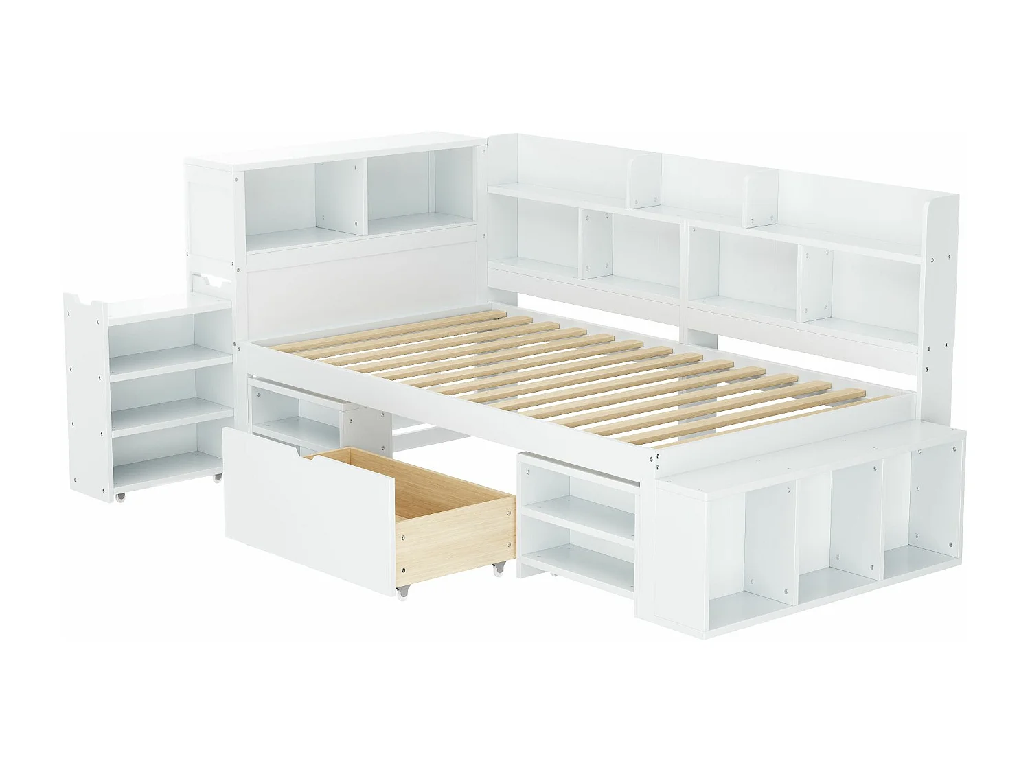 MDF-bed van 90x200 cm - met multifunctionele opbergruimte en een kleine uitneembare boekenkast - met lattenbodem - Wit