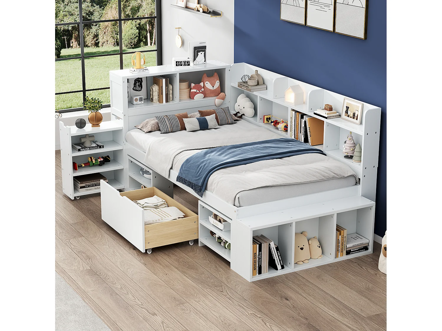MDF-bed van 90x200 cm - met multifunctionele opbergruimte en een kleine uitneembare boekenkast - met lattenbodem - Wit