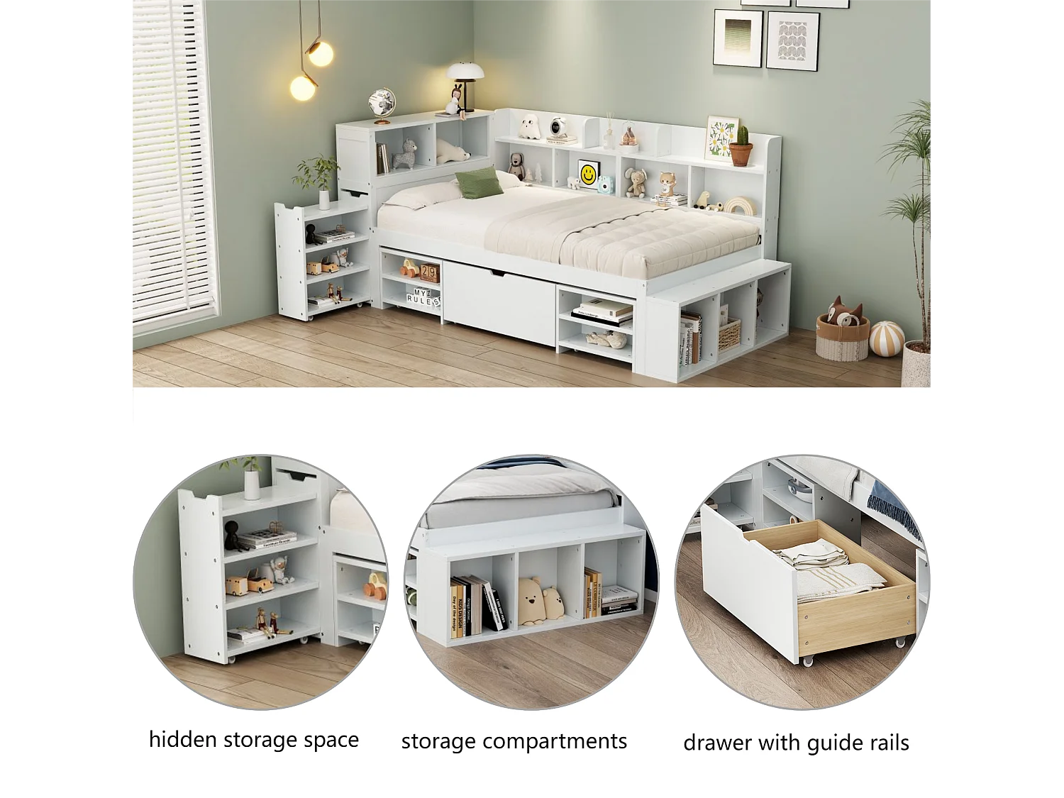 Lit 90x200cm en MDF - avec rangement multifonction et un petit bibliothèque amovible - avec sommier à lattes - Blanc