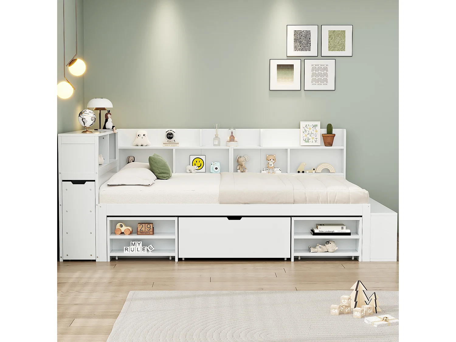 Lit 140x200cm en MDF - avec rangement multifonction et un petit bibliothèque amovible - avec sommier à lattes - Blanc