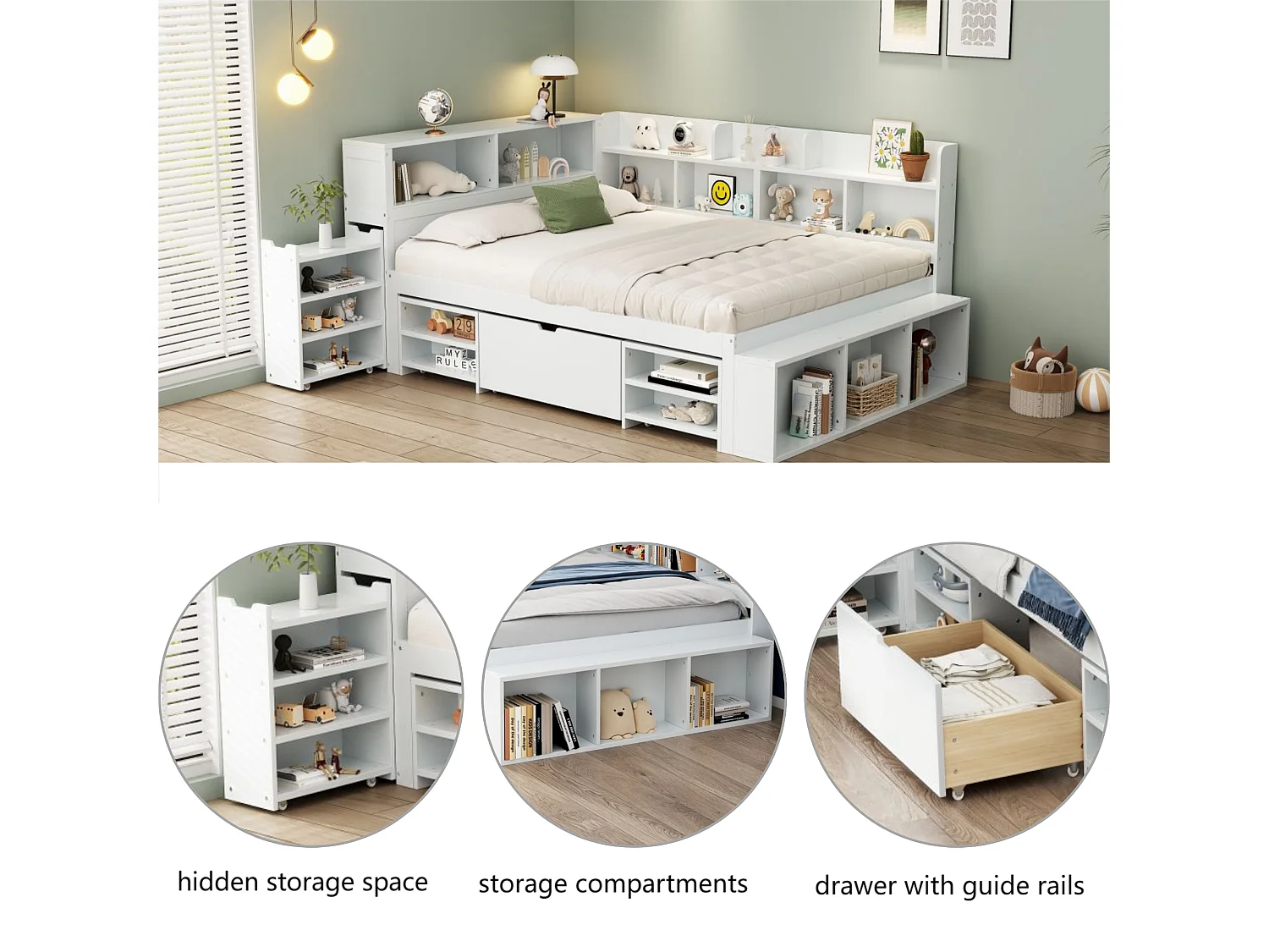 Lit 140x200cm en MDF - avec rangement multifonction et un petit bibliothèque amovible - avec sommier à lattes - Blanc