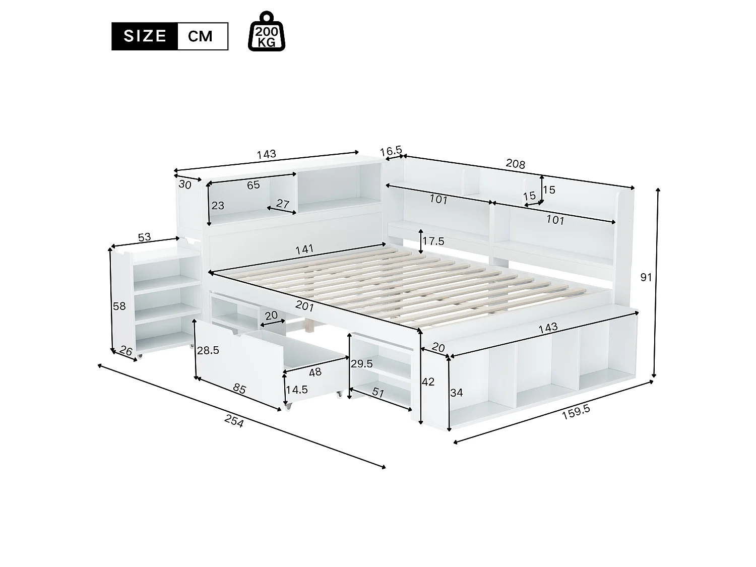 Lit 140x200cm en MDF - avec rangement multifonction et un petit bibliothèque amovible - avec sommier à lattes - Blanc