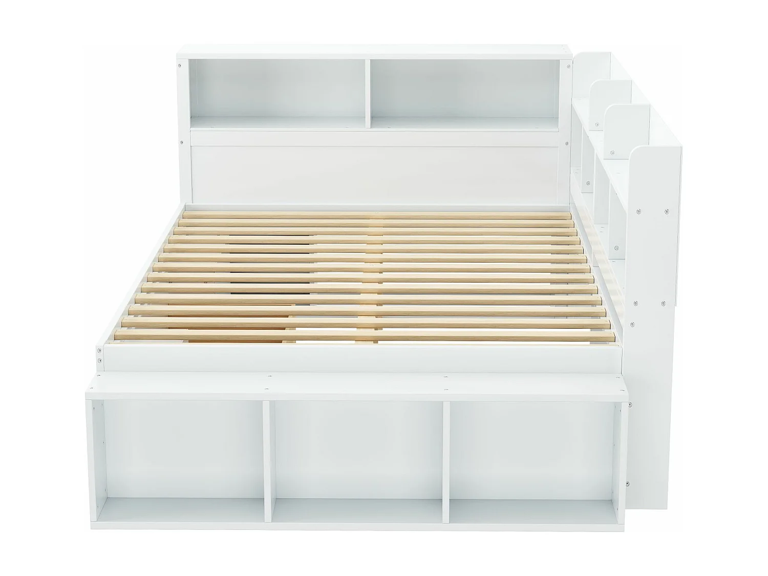 Lit 140x200cm en MDF - avec rangement multifonction et un petit bibliothèque amovible - avec sommier à lattes - Blanc