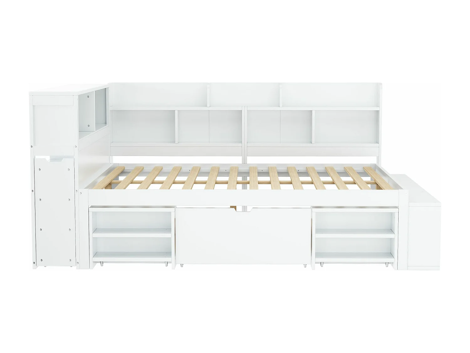 Lit 140x200cm en MDF - avec rangement multifonction et un petit bibliothèque amovible - avec sommier à lattes - Blanc