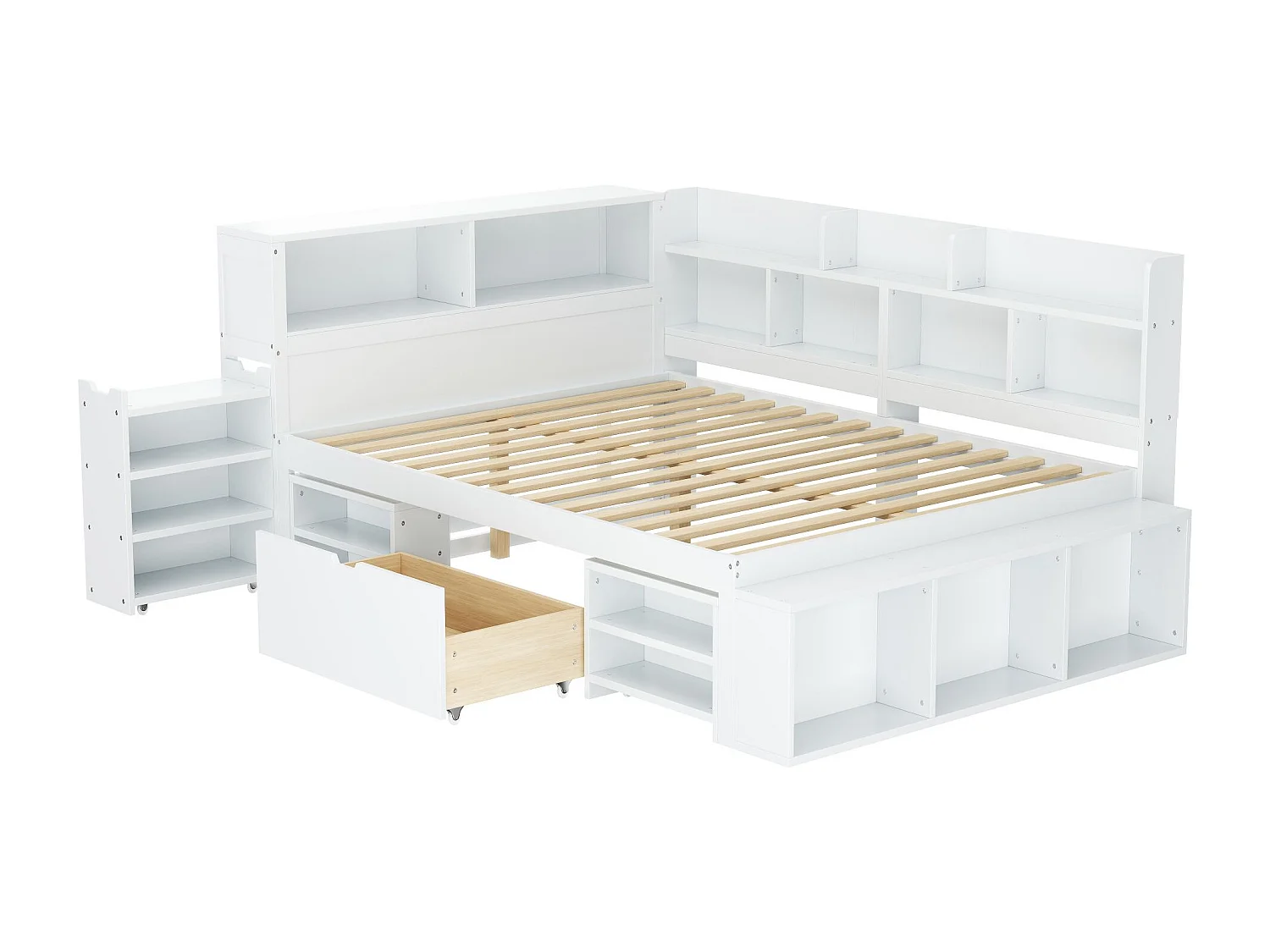 Lit 140x200cm en MDF - avec rangement multifonction et un petit bibliothèque amovible - avec sommier à lattes - Blanc
