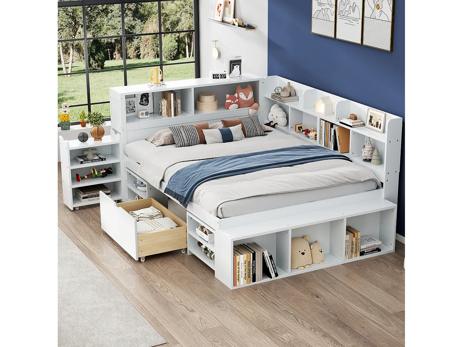 Lit 140x200cm en MDF - avec rangement multifonction et un petit bibliothèque amovible - avec sommier à lattes - Blanc