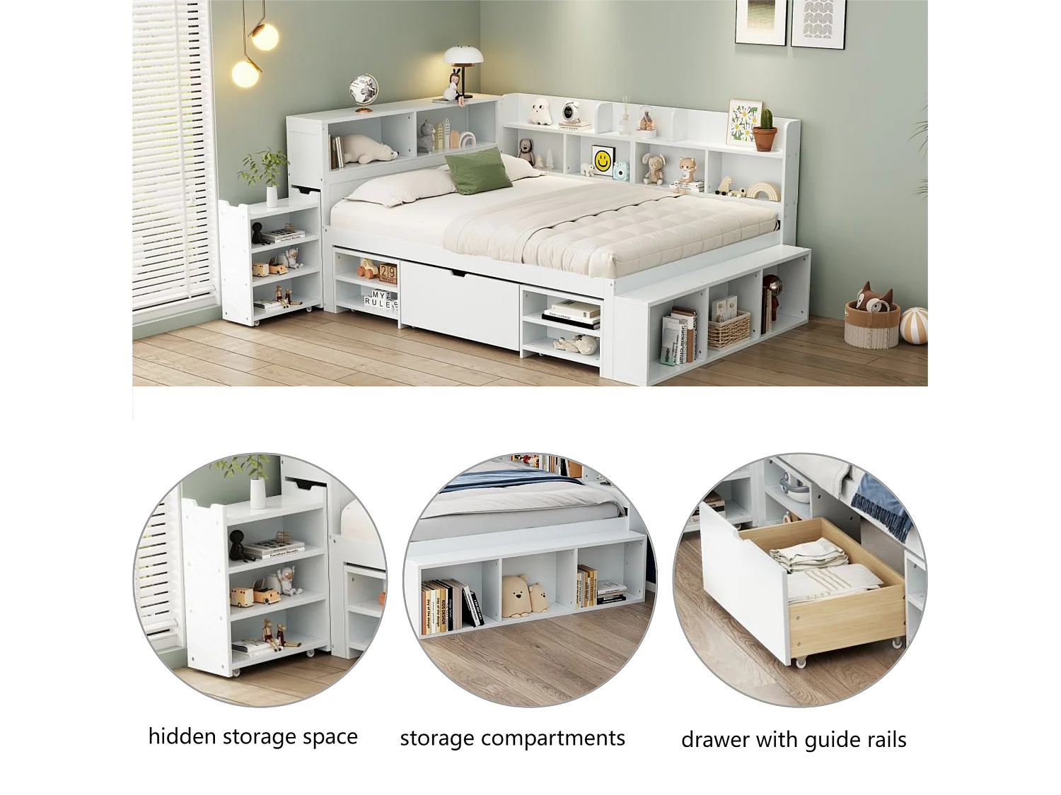 MDF-bed van 140x200 cm - met multifunctionele opbergruimte en een kleine uitneembare boekenkast - met lattenbodem - Wit